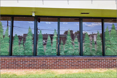 Library Building Winow Painted With Evergreen Trees